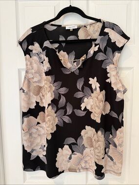 Calvin Klein Black Floral Cap-Sleeve Blouse with Blush Blooms